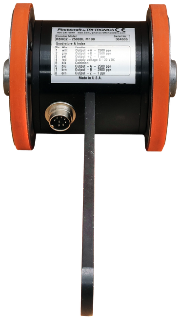Photocraft by TRI-TRONICS CE 
 00-237-0848 ttoo.com / photocraftencoders.co 
 Encoder Ma 
 Encode 
 ncoders. 
 Serial No. 
 QZ -2500DL M 198 
 364606 
 Quadrature & Index 
 Pin WI 
 Outout 
 Output +A 
 2500 pp 
 grn 
 3 . VAL 
 Output +B 
 2500 pp 
 4 red 
 blk 
 Supply voltage 5-30 VDC 
 Common 
 blu 
 Output -A- 
 8 
 orn 
 Output 
 2500 pp 
 Output 
 -B - 2500 pp 
 7 - 1 ppr 
 Made in U.S.A.