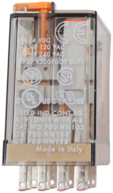 7A 24 VDC 
 /8 HP 120 VAC 
 3 HP 240 VAC 
 300, R300 PILOT DUTY 
 C 
 LISTED IND. CONT.EQ. 
 A191 ONLY WITH A-B 
 CAT NO.700-HN103 
 OR 700-HN104 
 IOR 700-HN128 
 Made in Italy