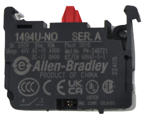 1494U-NO 
 SER. A 
 Ui: 690V llhe: 10A 
 Uimp: 4KV AC-15 A600 
 Plant 5010 
 DC-13 0600 
 Mal No. PN-248721 
 IEC/EN 60947-5-1 
 e 
 Allen-Bradley 
 PRODUCT OF CHINA 
 2240S 
 CCOCELKO 
 SP 
 USTED 
 : : IND CONT TO A19!