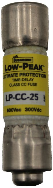 Bussmann 
 LOW-PEAK' 
 LTIMATE PROTECTION 
 TIME-DELAY 
 CLASS CC FUSE 
 LP-CC-25 
 AMP 
 600Vac 300Vdc