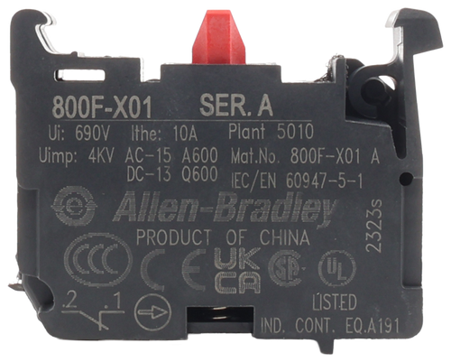 800F-X01 
 SER. A 
 Ui: 690V Ithe: 10A 
 Plant 5010 
 Uimp: 4KV AC-15 A600 Mat.No. 800F-X01 A 
 DC-13 Q600 IEC/EN 60947-5-1 
 Allen-Bradley 
 PRODUCT OF CHINA 
 2323s 
 LISTED 
 IND. CONT. EQ.A191