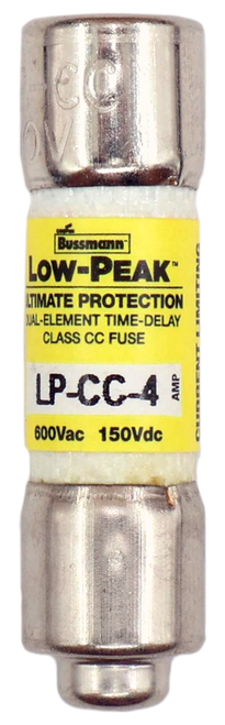 Bussmann 
 LOW-PEAK" 
 MATE PROTECTION 
 MALE IN TIME-DELAY 
 AL-ELEMENT TIME-D 
 CLASS CC FUSE 
 P-CC-4 ! 
 600Vac 150Vdc