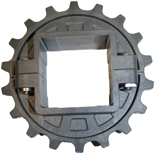 1945mm/ 
 2 50 
 100672941 
 SRS Legacy # / CRef: 
 2-8224-E1001 
 100672941 
 SERIES 1400/4000 5.7 In (18T) GREY GLASS FILLED 
 NYLON SPLIT SPROCKET WITH 2-1/2 In SQUARE BORE