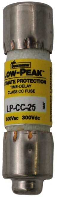 100676897 
 Bussmann- 
 LOW-PEAK" 
 IMATE PROTECTION 
 TIME-DELAY 
 CLASS CC FUSE 
 SRS Legacy # / CRef: 
 LP-CC-25 
 600Vac 300Vdc 
 LPCC25 
 AMP 
 CURRENT LIMITING 
 100676897 
 CLASS CC FUSE, DELAYED/MOTOR PROTECTION, 600VAC, 
 25 A INTERRUPTION POWER: 200KA, 600V