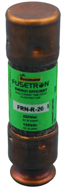 Bussmann 
 FUSETRON 
 ENERGY EFFICIENT 
 DUAL-ELEMENT TIME-DELAY 
 CLASS RKS FUSE 
 ISSUE NO. 0006321 
 FRN-R-20 
 AMP 
 250Vac 
 AC IR 200KA 
 CURRENT LIMITING 
 125Vdc 
 DC IR 20kA