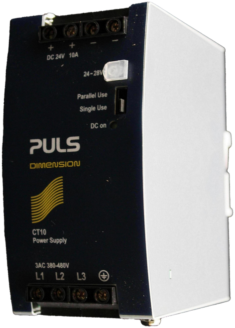 + 
 + 
 DC 24V 10A 
 24-28V 
 Parallel Use 
 Single Use 
 DC on 
 PULS 
 DIMENSION 
 CT10 
 Power Supply 
 3AC 380-480V 
 L1 L2 L3