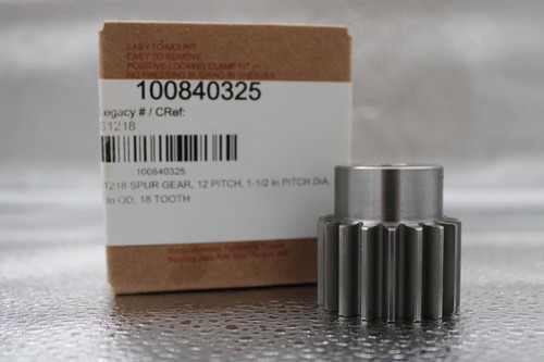 EASY TO MOUNT 
 EASY TO REMOVE 
 POSITIVE LOCKING CLAMP FIT 
 NO PRESSING BUSHING IN SHEAVES 
 100840325 
 egacy # / CRef: 
 $1218 
 100840325 
 1218 SPUR GEAR, 12 PITCH, 1-1/2 in PITCH DIA, 
 In OD. 18 TOOTH
