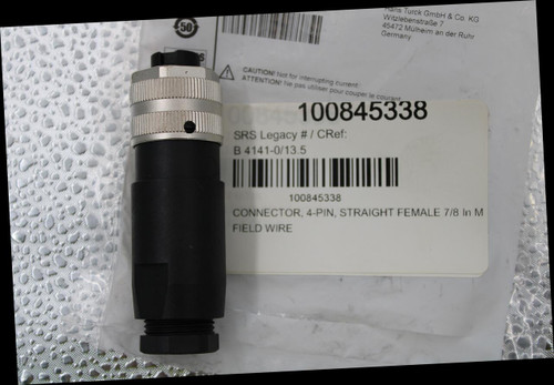 Hans Turck GmbH & Co. KG 
 Witzlebenstraße 7 
 45472 Mülheim an der Ruhr 
 Germany 
 50 
 CAUTION! Not for interrupting current. 
 ATTENTION! Ne pas utiliser pour couper le courant 
 100845338 
 SRS Legacy # / CRef: 
 B 4141-0/13.5 
 100845338 
 CONNECTOR, 4-PIN, STRAIGHT FEMALE 7/8 In M 
 FIELD WIRE