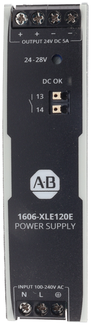 + 
 + 
 - 
 OUTPUT 24V DC 5A 
 24-28V 
 DC OK 
 | 13 
 14 
 A.B 
 1606-XLE120E 
 POWER SUPPLY 
 - INPUT 100-240V AC 
 NL
