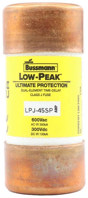 Bussmann 
 LOW-PEAK 
 ULTIMATE PROTECTION 
 DUAL-ELEMENT TIME-DELAY 
 CLASS J FUSE 
 LPJ-45SP 
 CURRENT LIMITINGCSA 
 600Vac 
 AC IR 300KA 
 300Vdc 
 DC IR 100KA