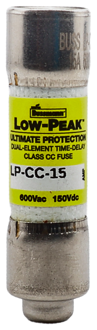 BUSS 
 Bussmann 
 LOW-PEAK 
 ULTIMATE PROTECTION 
 DUAL-ELEMENT TIME-DELAY 
 CLASS CC FUSE 
 LP-CC-15 
 600Vac 150Vdc