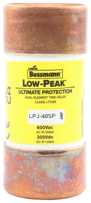 cooken 
 Bussmann 
 LOW-PEAK 
 ULTIMATE PROTECTION 
 DUAL-ELEMENT TIME-DELAY 
 CLASS J FUSE 
 LPJ-40SP 
 AMP 
 600Vac 
 AC IR 300KA 
 300Vdc 
 DC IR 100KA