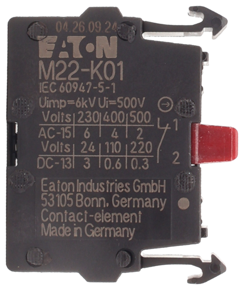04.26.09.24- 
 M22-K01 
 IEC 60947-5-1 
 Uimp=6kVUi=500V 
 Volts|230|400|500 
 41 
 AC-15| 6 | 4 | 2 
 Volis | 24 | 110 |220 
 2 
 DC-13| 3 |0.610.3 
 Eaton Industries GmbH 
 53105 Bonn, Germany 
 Contact-element 
 Made in Germany