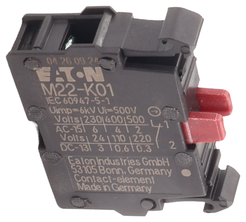 04.26 09.24 
 M22-K01 
 IEC 60947-5-1 
 Uimp=6kV Ui=500V 
 Volts|230|4001500 
 AC-151 6 | 4 | 2 
 Volts| 24 | 110 | 220 
 DC-131 3 10.610.3 
 2 
 Eaton Industries GmbH 
 53105 Bonn, Germany 
 Contact-element 
 Made in Germany 
 £