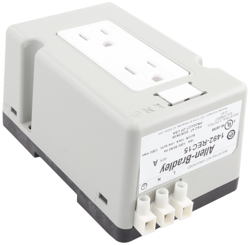 MOUNTING NOT GROUNDED 
 7 
 N 
 Allen-Bradley 
 ℮ 
 1492-REC15 
 SER. A 
 15A 125V 50/60 Hz 
 CYL US LISTED 
 SCCR: 10kA rms sym, 125V max 
 INDUSTRIAL CONTROL 
 FAC 4T 2025/06/05 
 EQUIPMENT 
 4191 
 PRODUCT OF USA 
 Rockwell Automation, 1201 $ 2nd St. Milwaukee, WI 53204, USA