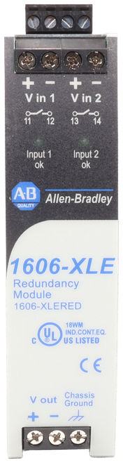 + - + - 
 Vin 1 Vin 2 
 13 14 
 Input 1 
 ok 
 Input 2 
 ok 
 A.B 
 QUALITY 
 Allen-Bradley 
 1606-XLE 
 Redundancy 
 Module 
 1606-XLERED 
 C 
 UL 
 18WM 
 IND.CONT.EQ. 
 US LISTED 
 CE 
 V out 
 Chassis 
 Ground 
 + - +