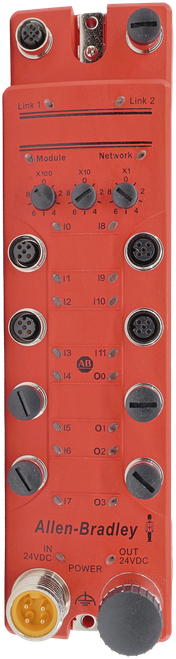 Link 1 
 Link 2 
 Module 
 Network 
 X100 
 ×10 
 X1 
 0 
 0 
 0 
 8 
 2 8 
 2.8 
 2 
 I 
 6 1 
 4 
 6 
 4 
 6 
 4 
 10 
 18 
 11 
 19 
 12 
 110 
 13 
 111 
 AB 
 )14 
 00 
 15 
 01 
 $16 
 02 
 17 
 03 
 Allen-Bradley 
 IN 
 24VDC 
 OUT 
 24VDC 
 POWER
