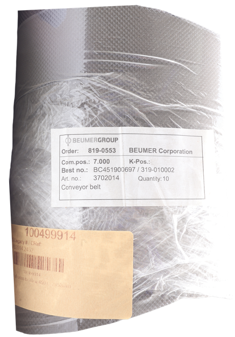 BEUMERGROUP 
 Order: 
 819-0553 
 BEUMER Corporation 
 Com.pos .: 7.000 
 K-Pos .: 
 Best no .: BC451900697 / 319-010002 
 Art. no .: 
 3702014 
 Quantity: 10 
 Conveyor belt 
 100499914 
 S Legacy # / CRef: 
 702014.2452 
 100499914 
 of cross belt b w 450 [=2452mm