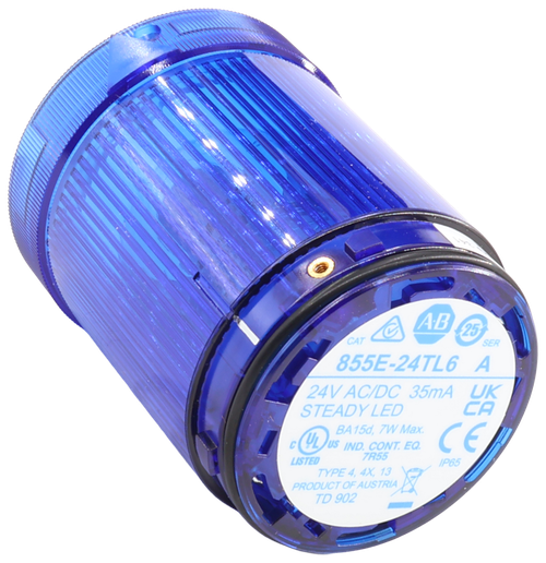 A.B 
 25 
 SER 
 CAT 
 855E-24TL6 A 
 24V AC/DC 35mA 
 STEADY LED 
 BA15d, 7W Max. 
 US IND. CONT. EQ. 
 7R55 
 CE 
 LISTED 
 IP65 
 TYPE 4, 4X, 13 
 PRODUCT OF AUSTRIA 
 TD 902