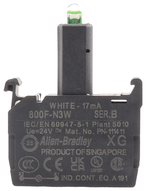 WHITE - 17 mA 
 800F-N3W 
 SER.B 
 IEC/EN 60947-5-1 Plant 5010 
 Ue=24V ~ Mat. No. PN-1114 11 
 25 
 Allen-Bradley 
 XG 
 PRODUCT OF SINGAPORE 
 CE YK 
 LISTER 
 X1 
 IND. CONT . EQ. A 191