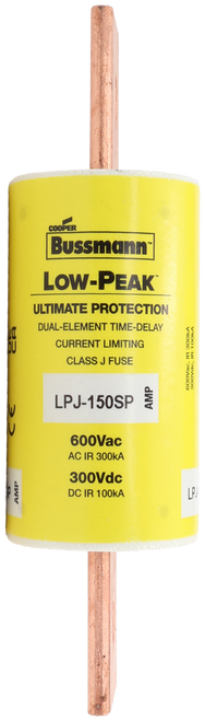 COOPER 
 Bussmann 
 LOW-PEAK® 
 ULTIMATE PROTECTION 
 DUAL-ELEMENT TIME-DELAY 
 CURRENT LIMITING 
 CLASS J FUSE 
 600Vac, IR 300KA 
 300Vdc, IR 100KA 
 LPJ-150SP 
 AMP 
 CE 
 600Vac 
 AC IR 300KA 
 AMP 
 300Vdc 
 DC IR 100KA 
 LPA