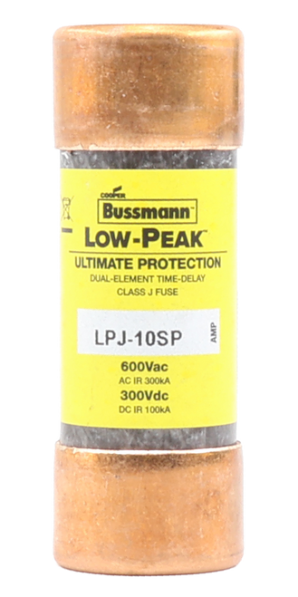 cook 
 Bussmann® 
 LOW-PEAK 
 ULTIMATE PROTECTION 
 DUAL-ELEMENT TIME-DELAY 
 CLASS J FUSE 
 LPJ-10SP 
 AMP 
 600Vac 
 AC IR 300KA 
 300Vdc 
 DC IR 100KA