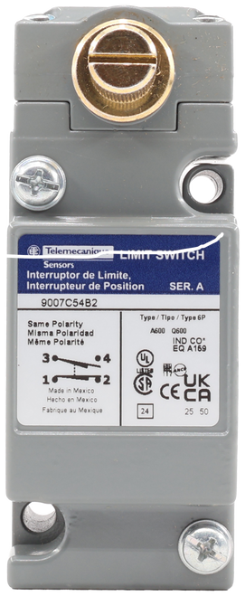 Telemecanique 
 LIMIT SWITCH 
 Sensors 
 Interruptor de Limite 
 Interrupteur de Position 
 SER. A 
 9007C54B2 
 Same Polarity 
 Misma Polaridad 
 Même Polarité 
 Type / Tipo / Type 6P 
 A600 Q600 
 IND CO* 
 EQ A159 
 3 
 UL 
 LISTES 
 1 
 2 
 SP 
 UK 
 CECA 
 Made in Mexico 
 Hecho en Mexico 
 Fabrique au Mexique 
 24 
 25 50