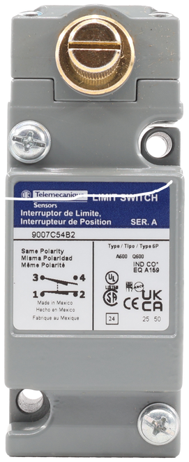 Telemecanique 
 LIMIT SWITCH 
 Sensors 
 Interruptor de Limite 
 Interrupteur de Position 
 SER. A 
 9007C54B2 
 Same Polarity 
 Misma Polaridad 
 Même Polarité 
 Type / Tipo / Type 6P 
 A600 Q600 
 IND CO* 
 EQ A159 
 3 
 UL 
 LISTES 
 1 
 2 
 SP 
 UK 
 CECA 
 Made in Mexico 
 Hecho en Mexico 
 Fabrique au Mexique 
 24 
 25 50