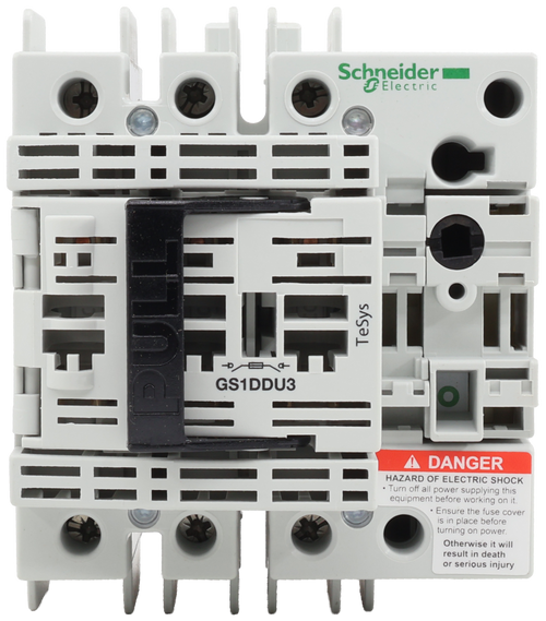 Schneider 
 Electric 
 TeSys 
 GS1DDU3 
 A DANGER 
 HAZARD OF ELECTRIC SHOCK 
 · Turn off all power supplying this 
 equipment before working on it. 
 · Ensure the fuse cover 
 is in place before 
 turning on power. 
 Otherwise it will 
 result in death 
 or serious injury