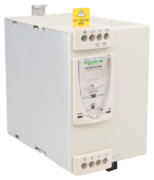 LV = 120 Vac 
 MAX 
 LV C HV 
 _100 -_ L_200- 
 120V 
 500V 
 Schneider 
 SElectric 
 ABL8RPS24100 
 24VDC-10A 
 MANU 
 AUTO 
 28.8V 
 241 
 lout 
 Uout 
 ト 
 but>21,6VDC 
 11-9-14