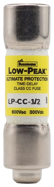Bussmann® 
 LOW-PEAK' 
 ULTIMATE PROTECTION 
 TIME-DELAY 
 CLASS CC FUSE 
 AMP 
 LP-CC-1/2 
 600Vac 300Vdc