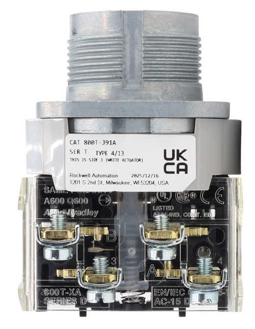CAT 800T-J91A 
 SER T TYPE 4/13 
 THIS IS SIDE 1 (WHITE ACTUATOR) 
 UK 
 CA 
 Rockwell Automation 
 2025/12/16 
 1201 S 2nd St, Milwaukee, WI 53204, USA 
 SAMS 
 A600 Q600 
 ® 
 Allen Bradley 
 LISTED 
 MAPA IND. CONT. EQ. 
 B 
 3 
 800T-XA 
 SERIES D 
 EN/IEC 
 On 
 AC-15 D