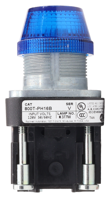 CAT 
 800T-PH16B 
 SER 
 V 
 UL 
 LISTED IND. CONT.B 
 LOC. A196 CLASSI 
 A, B, C OR D TYPE 
 IEC/EN609474 
 INPUT VOLTS 
 120V 50/60HZ 
 LAMP NO 
 N 377W 
 T4A 
 Rockwell Automation, 1201 S 2nd St, Milwaukee, WI 53204, USA 
 L-15
