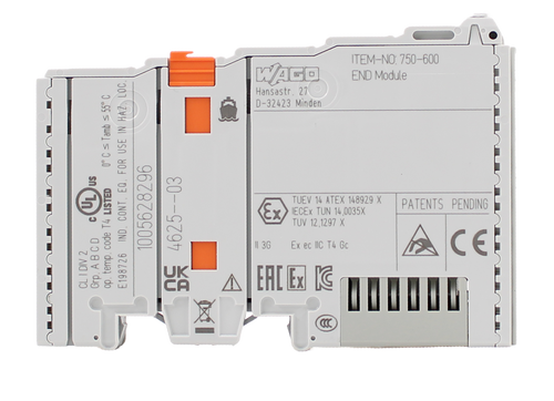 ITEM-NO: 750-600 
 0° C ≤ Tamb ≤ 55° C 
 E198726 IND. CONT. EQ. FOR USE IN HAZ. LOC. 
 WAGO 
 Hansastr. 27 O 
 D-32423 Minden 
 END Module 
 US 
 5 
 C 
 1005628296 
 Ex 
 TUEV 14 ATEX 148929 X 
 IECEx TUN 14,0035X 
 TUV 12.1297 X 
 PATENTS PENDING 
 CL I DIV 2 
 Grp. A B C D 
 op. temp. code T4 LISTED 
 BS 4625 -- 03 
 || 3G 
 Ex ec IIC T4 Gc 
 CE 
 EALEX K