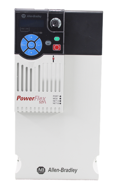 A.B 
 QUALITY 
 Allen-Bradley 
 ENET LINK 
 EtherNet/IP 
 FAULT 
 I 
 Esc 
 Sel 
 C 
 C 
 Powerflex 
 PORT O 
 MOD 
 525 
 NET A 
 NET BO 
 Allen-Bradley 
 A.B