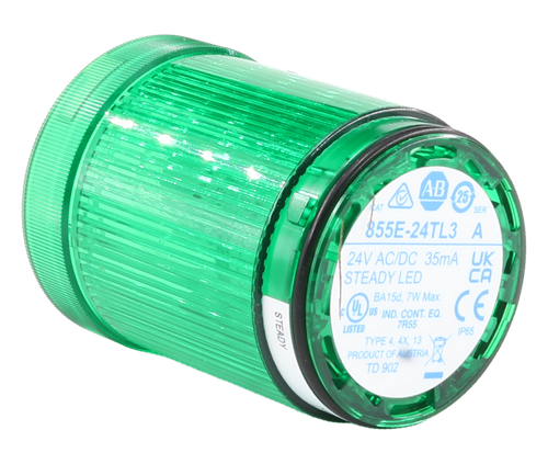 CAT 
 ABY 
 A 
 25 
 SER 
 855E-24TL3 A 
 24V AC/DC 35mA UK 
 STEADY LED 
 CA 
 BA15d, 7W Max. 
 FUL US IND. CONT. EQ. 
 CE 
 STEADY 
 LISTED 
 7R55 
 IP65 
 TYPE 4, 4X, 13 
 PRODUCT OF AUSTRIA 
 TD 902