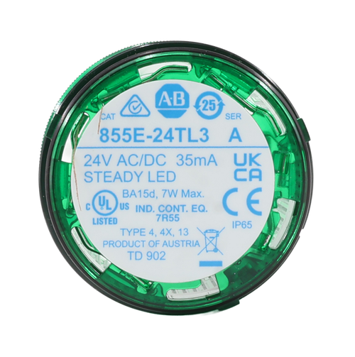 A.B 
 25 
 CAT 
 855E-24TL3 
 SER 
 A 
 24V AC/DC 35mA 
 STEADY LED 
 UK 
 CA 
 UL 
 BA15d, 7W Max. 
 US IND. CONT. EQ. 
 7R55 
 CE 
 LISTED 
 IP65 
 TYPE 4, 4X, 13 
 PRODUCT OF AUSTRIA 
 TD 902