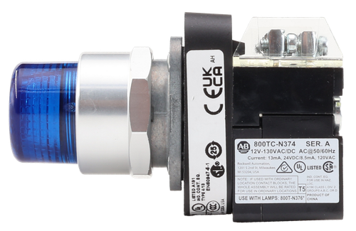 CE AH 
 A.B 
 800TC-N374 
 SER. A 
 25 
 712V-130VAC/DC AC@50/60Hz 
 Current: 13mA, 24VDC/8.5mA, 120VAC 
 SA 
 Rockwell Automation, 
 UL 
 LISTED 
 1201 S 2nd St, Milwaukee 
 WI 53204, USA 
 ND. CONT. EQ. 
 NOTE: IF USED WITH ORDINARY 
 FOR USE IN HA 
 LOCATION CONTACT BLOCKS, THE 
 LOC. 
 A196 CLASS I, DIV. 2 
 WHOLE ASSEMBLY WILL BE R 
 5 
 GROUPS A. B.C. OR 
 FORTIS 
 PRODUCT OF 
 IND. COM 
 TYPE 4/13 
 USE WITH LAMPS: 800T-N376* 
 1 53204, USA 
 CHINA 
 LISTED A191 
 EN60947-6-1 
 FOR USE IN ORDINARY LOCATIONS.