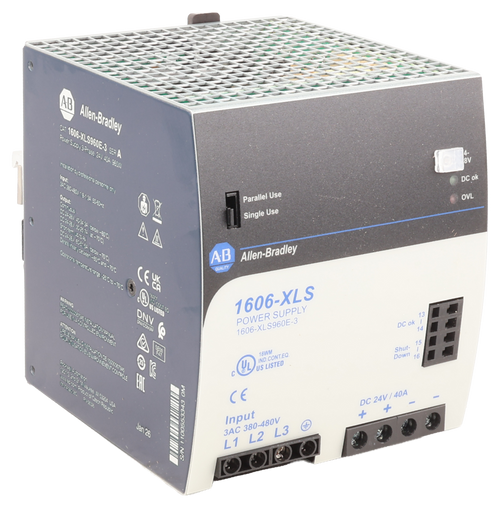 AB 
 Allen-Bradley 
 CAT 1606-XLS960E-3 SER A 
 Power Supply 3-Phase 24V 40A 960W 
 Insta aton oy professional personne ony 
 Output: 
 340 380-480/ 1 8-1 34 50-60-2 
 DO 24-28/ 40-9434 (Geon -60℃) 
 DO 24-28/ 80-25.76 0 - 70℃) 
 DO/24-281 6081 5- (CON -70C) 
 Parallel Use 
 OVL 
 Single Use 
 A.B 
 Allen-Bradley 
 QUALITY 
 3 
 1606-XLS 
 POWER SUPPLY 
 1606-XLS960E-3 
 13 
 DC ok | 
 14 
 15 
 Shut- 
 Down 16 
 5 
 C 
 CE 
 DC 24V / 40A 
 + 
 + 
 Input 
 3AC 380-480V 
 L1 L2 L3 
 G 
 Jan 26 
 S/N 1100553343 OM 
 DNV 
 ATTENTION 
 HCLBLEVCONSULENT CONTROLE 
 ERIC 
 18WM 
 IND.CONT.EQ 
 US LISTED 
 8V 
 Input: 
 DC ok