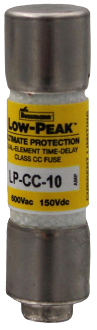 LOW-PEAK 
 LIMATE PROTECTION 
 JUAL-ELEMENT TIME-DELAY 
 CLASS CC FUSE 
 .... 
 LP-CC-10 
 3 
 600Vac 150Vdc