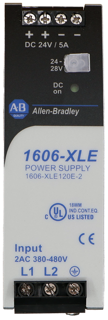 + + - 
 - 
 DC 24V / 5A 
 24- 
 28V 
 PC 
 on 
 A.B 
 Allen-Bradley 
 QUALITY 
 1606-XLE 
 POWER SUPPLY 
 1606-XLE120E-2 
 18WM 
 C 
 UL 
 18WM 
 IND.CONT.EQ. 
 US LISTED 
 CE 
 Input 
 2AC 380-480V 
 L1 L2 
 구