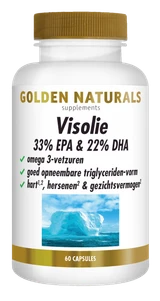 Golden Naturals Visolie 33% EPA & 22% DHA, 60 capsules, wit en goudkleurig flesje.
