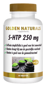 Golden Naturals 5-HTP 250 mg wit potje met gouden deksel en etiket met groene blad illustratie.