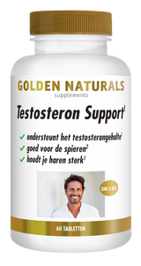 Golden Naturals Testosteron Support, 60 tabletten, wit flesje met gouden deksel en label.