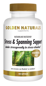 Golden Naturals Stress & Spanning Support, 180 capsules, wit flesje met gouden deksel en bosafbeelding.