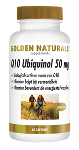 Golden Naturals Q10 Ubiquinol 50 mg wit potje met gouden deksel en etiket.