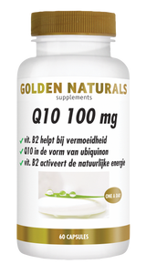Golden Naturals Q10 100 mg, wit flesje met gouden deksel en 60 capsules.