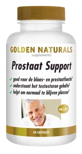 Golden Naturals Prostaat Support wit potje met gouden deksel en 60 capsules.