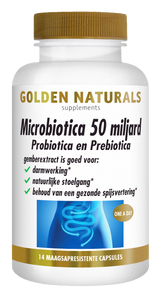 Golden Naturals Microbiotica 50 miljard supplement fles wit met gouden deksel en etiket.