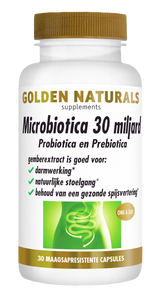 Golden Naturals Microbiotica 30 miljard probiotica capsules, wit flesje met gouden deksel en groene afbeelding.
